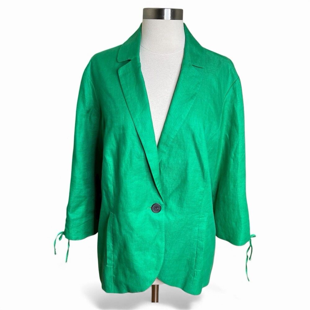 Coldwater Creek 100% Linen Blazer Womens 16 Green Gathered Sleeve Boho Jacket